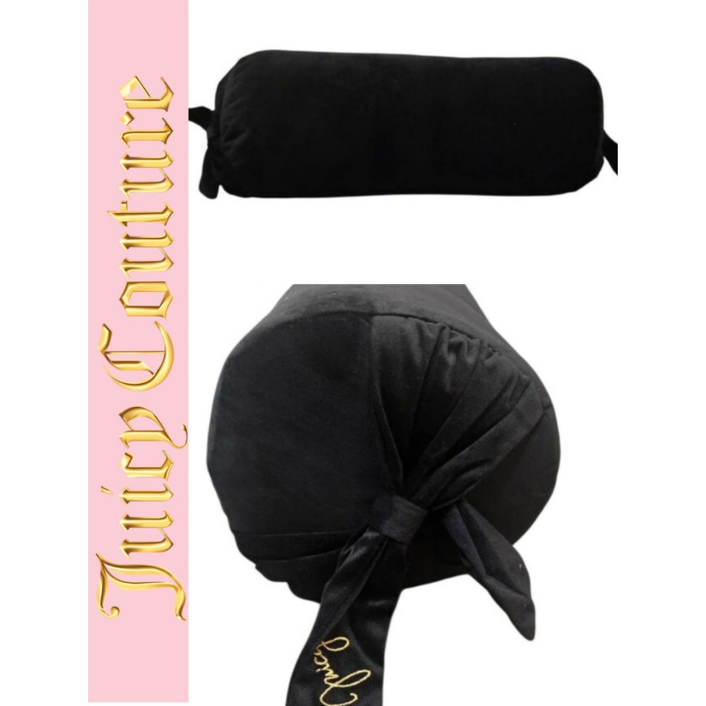 Juicy Couture Home Signature Logo Bow Velour Bolster Decorative Pillow- Black